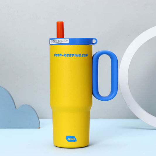 750ml Stainless Steel Insulated Tumbler Flask with Handle & Straw - Leak-Proof Travel Coffee Mug, Cold & Hot Beverage Cup