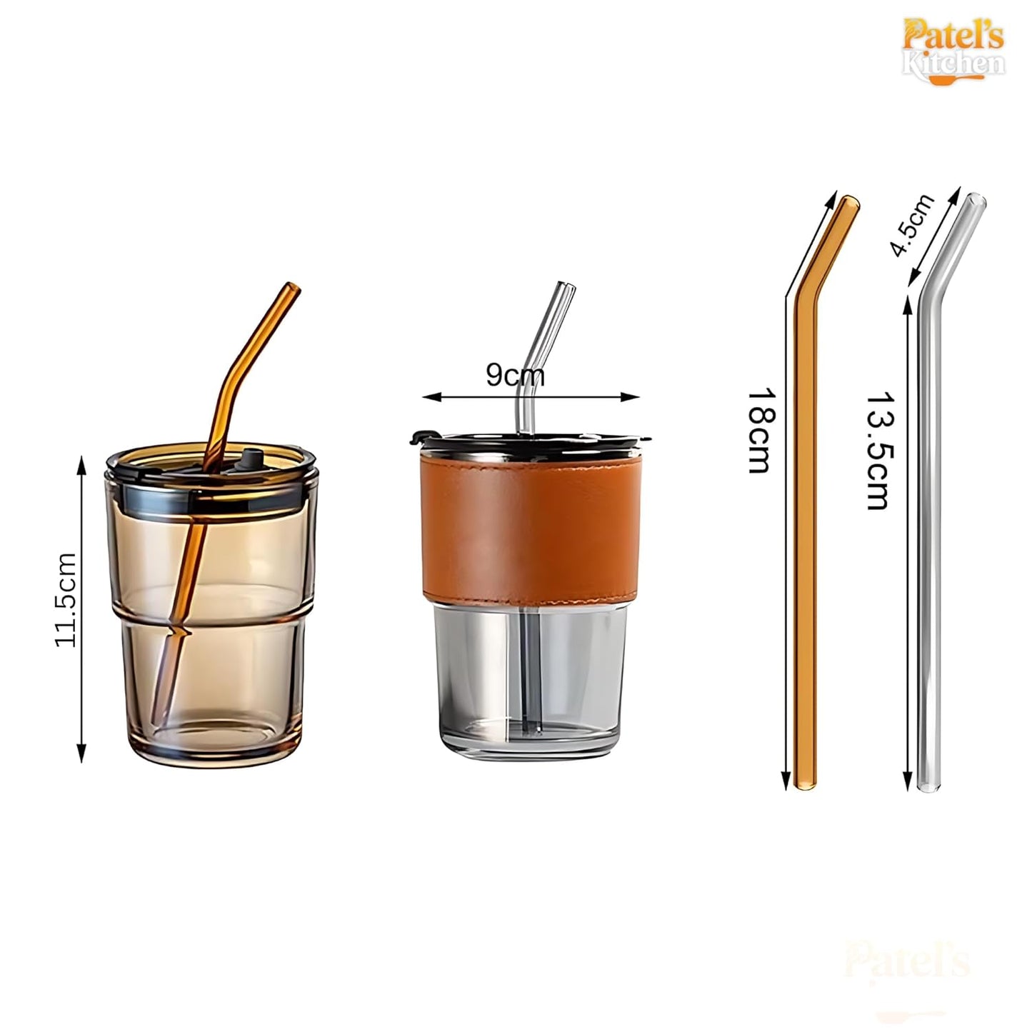 eusable Glass Coffee Sipper Mugs with Lid & Straw Pack of 1, 400ml Multipurpose Drinking Glasses Tumbler with Leather Sleeve Cup for Juice Smoothies Iced Tea Home & Travel