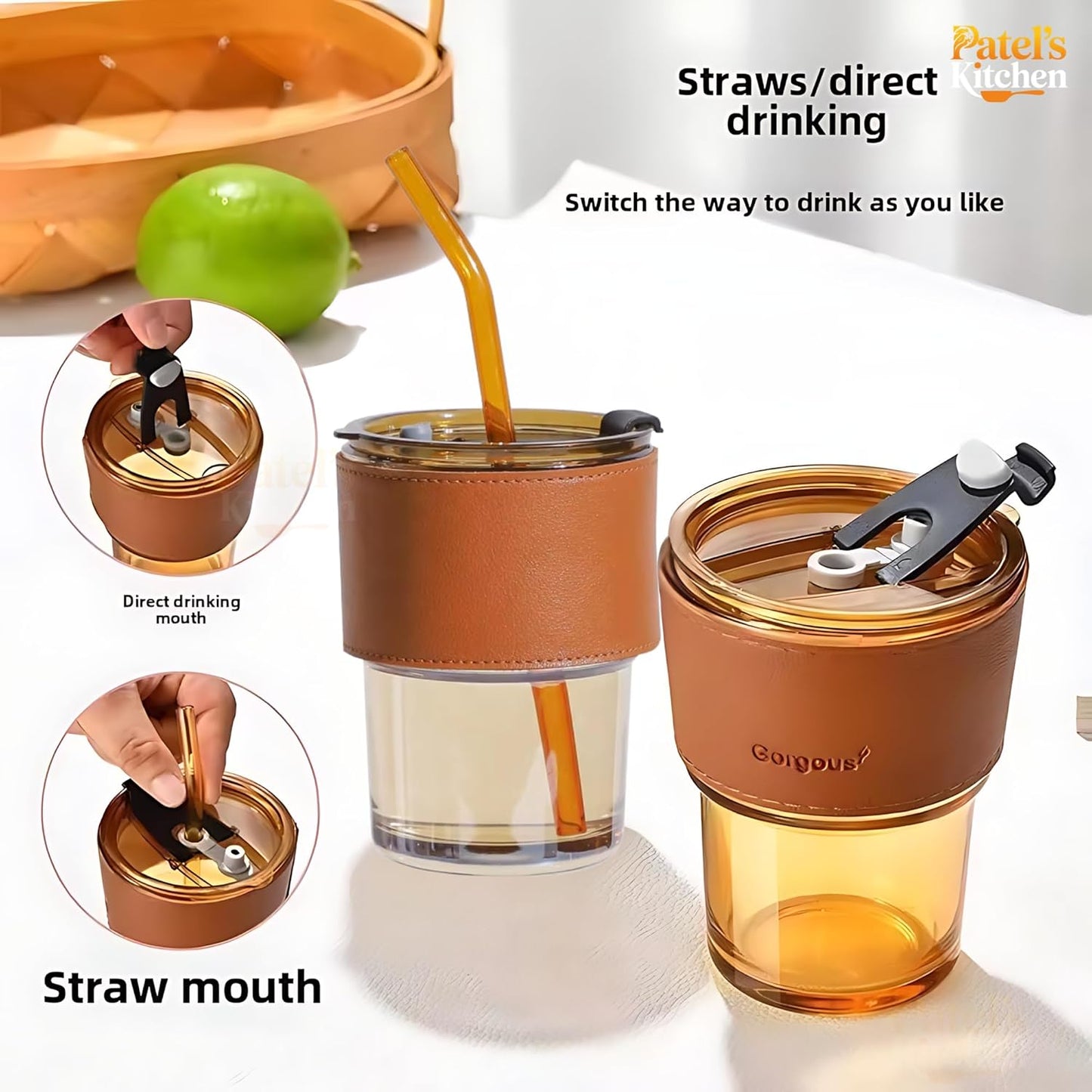 eusable Glass Coffee Sipper Mugs with Lid & Straw Pack of 1, 400ml Multipurpose Drinking Glasses Tumbler with Leather Sleeve Cup for Juice Smoothies Iced Tea Home & Travel
