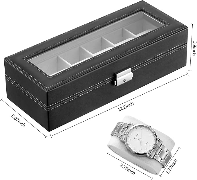 Watch Box for Men & Women,Organizer 6 Slot Watch Display Case, Jewelry Box Storage Case,Lined with Soft Velvet and Holder Organizer for Women -6 Slot, Black