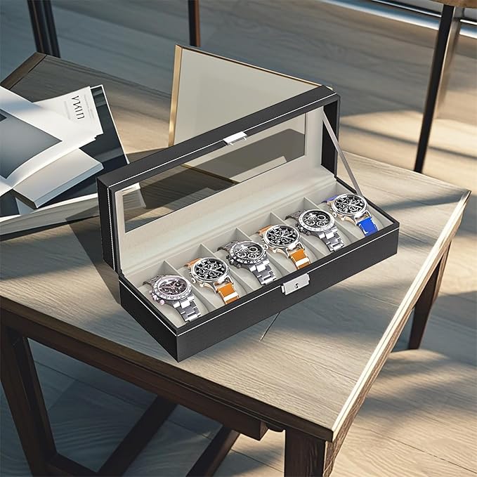 Watch Box for Men & Women,Organizer 6 Slot Watch Display Case, Jewelry Box Storage Case,Lined with Soft Velvet and Holder Organizer for Women -6 Slot, Black