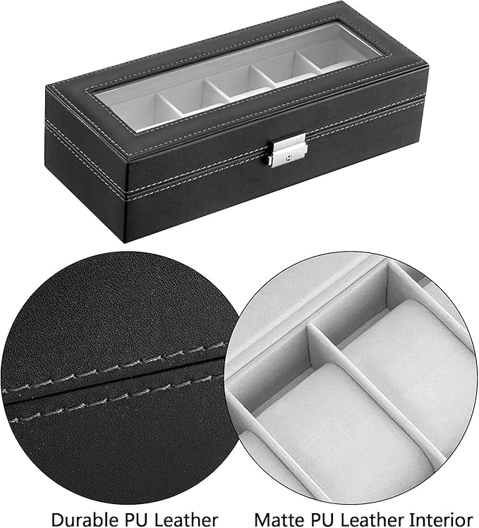 Watch Box for Men & Women,Organizer 6 Slot Watch Display Case, Jewelry Box Storage Case,Lined with Soft Velvet and Holder Organizer for Women -6 Slot, Black