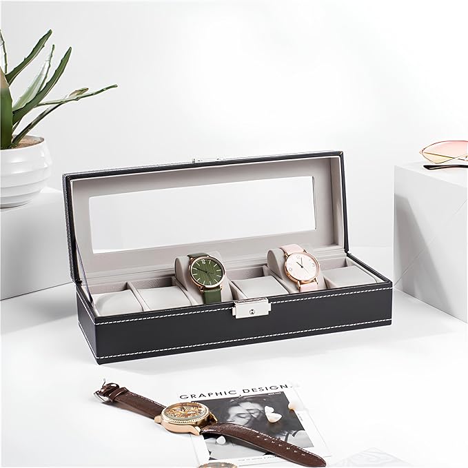 Watch Box for Men & Women,Organizer 6 Slot Watch Display Case, Jewelry Box Storage Case,Lined with Soft Velvet and Holder Organizer for Women -6 Slot, Black