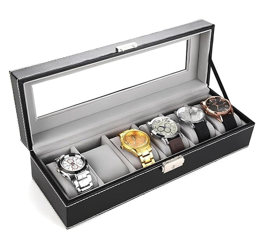Watch Box for Men & Women,Organizer 6 Slot Watch Display Case, Jewelry Box Storage Case,Lined with Soft Velvet and Holder Organizer for Women -6 Slot, Black