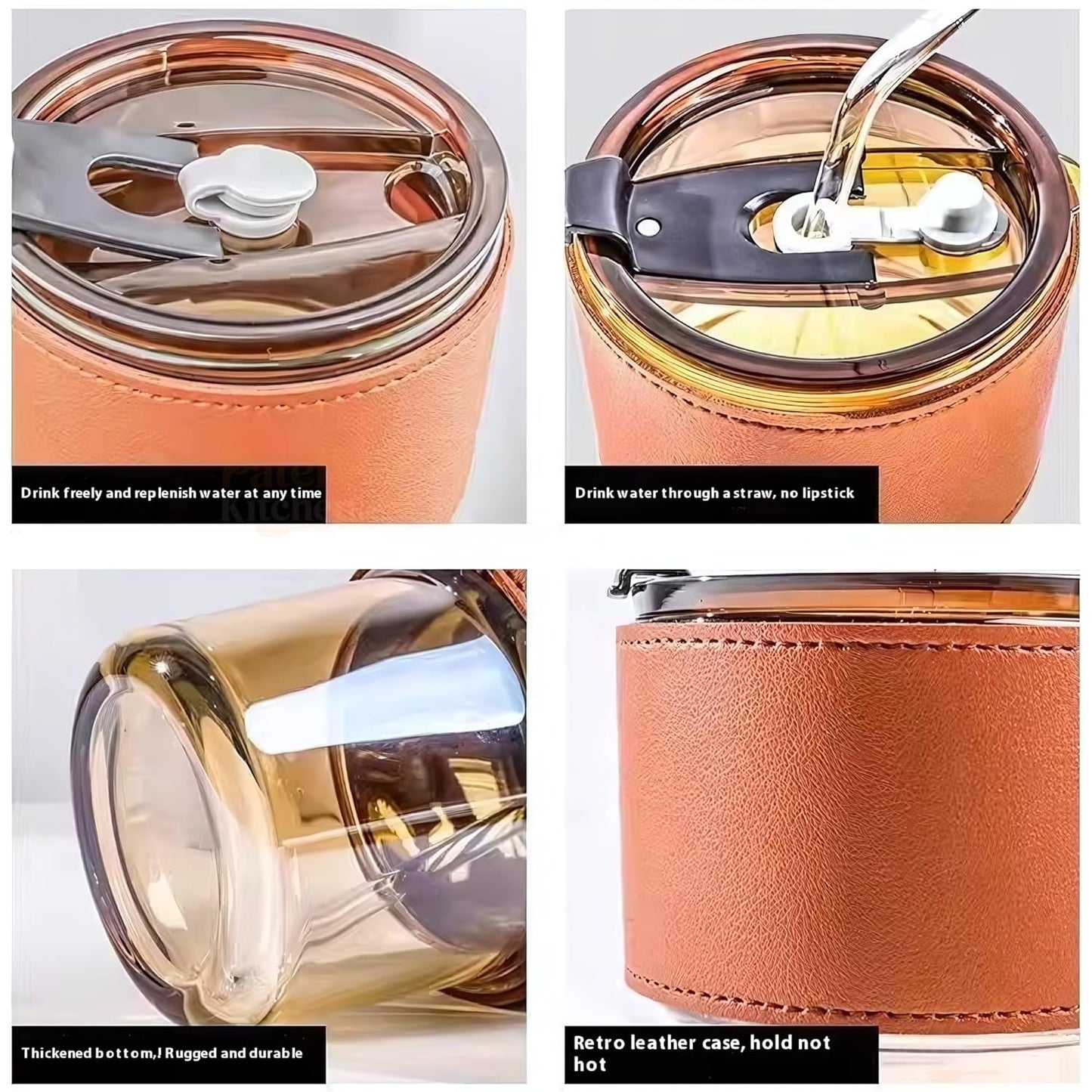 eusable Glass Coffee Sipper Mugs with Lid & Straw Pack of 1, 400ml Multipurpose Drinking Glasses Tumbler with Leather Sleeve Cup for Juice Smoothies Iced Tea Home & Travel