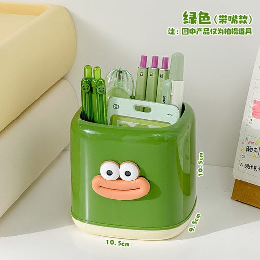 Kawaii Green Cartoon Pen Holder, Multipurpose Plastic Desktop Organizer with Googly Eyes, Random Colors