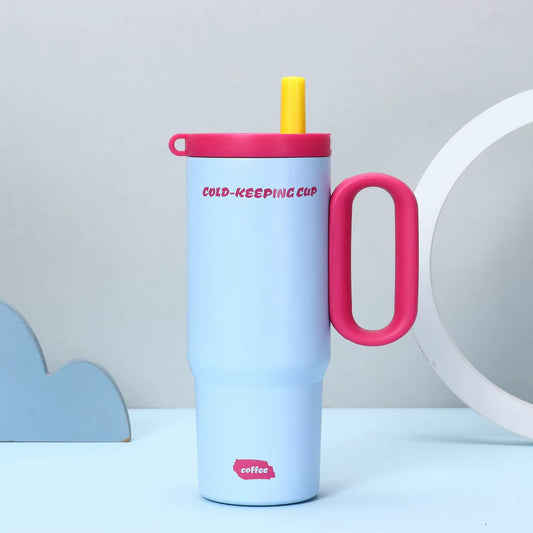 750ml Stainless Steel Insulated Tumbler Flask with Handle & Straw - Leak-Proof Travel Coffee Mug, Cold & Hot Beverage Cup